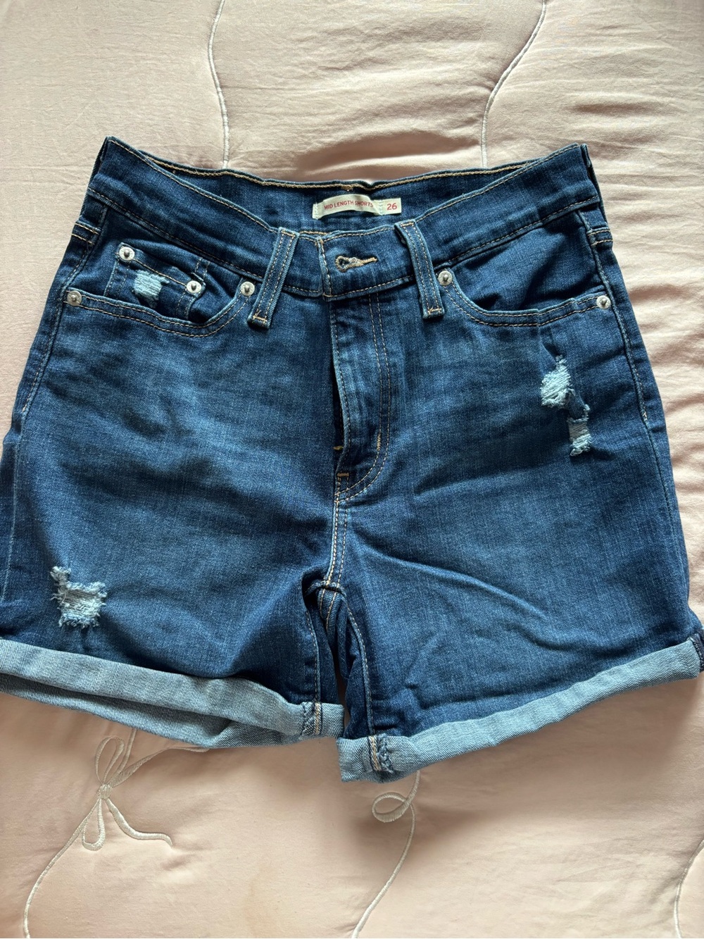 Levi's Dark Blue Distressed Roll-Cuff Jean Shorts
